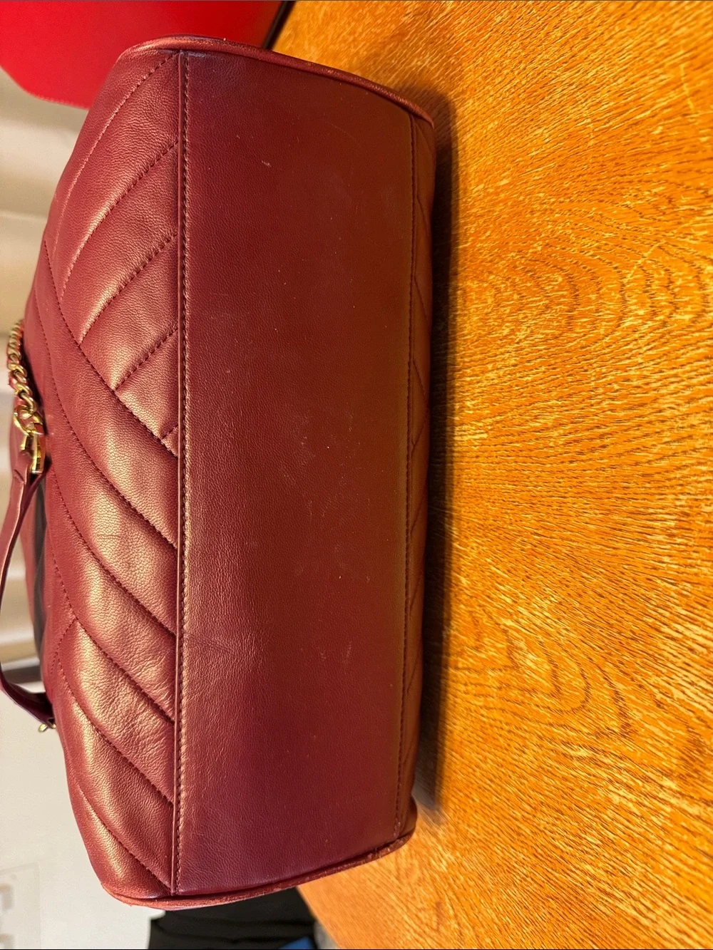 Tory Burch Burgundy Quilted Chevron Tote with Gold Chain Handles